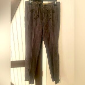 Da-Nang Pants Womens Sz Small Embroidered Green 100%Linen Cargo Vintage